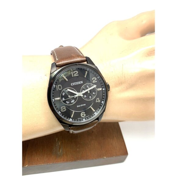 Citizen Men's Watch AO9028-07E Eco-Drive Black Dial Brown Leather Strap 43mm - Picture 12 of 15